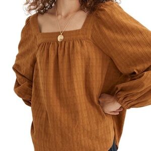 Madewell Brown/Mustard Square Neck Top with Balloon sleeve